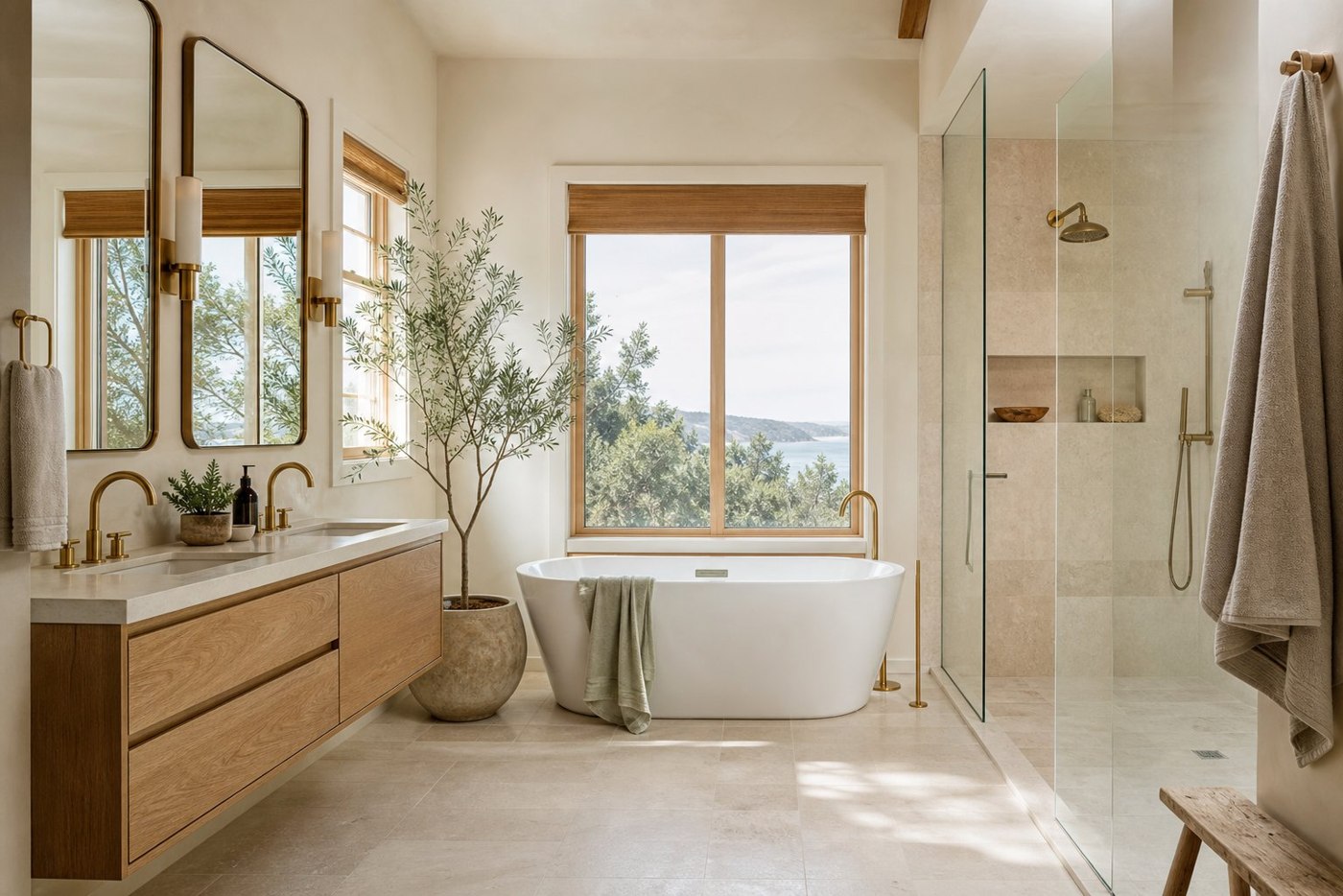 Serene remodeled bathroom with an oak vanity and a freestanding bath
