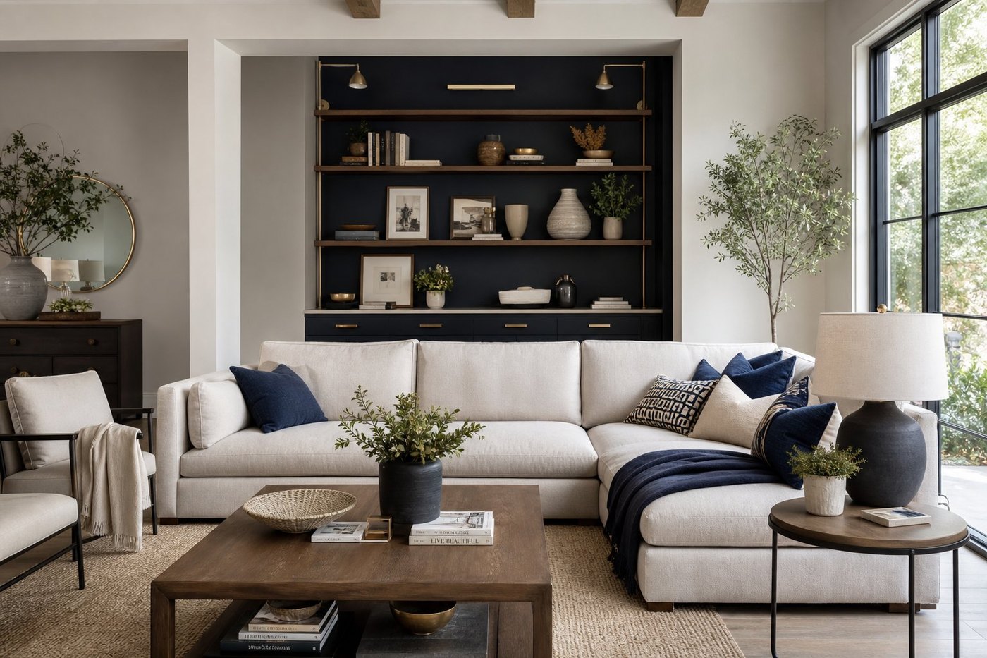 Calm living room with natural light and warm, inviting textures