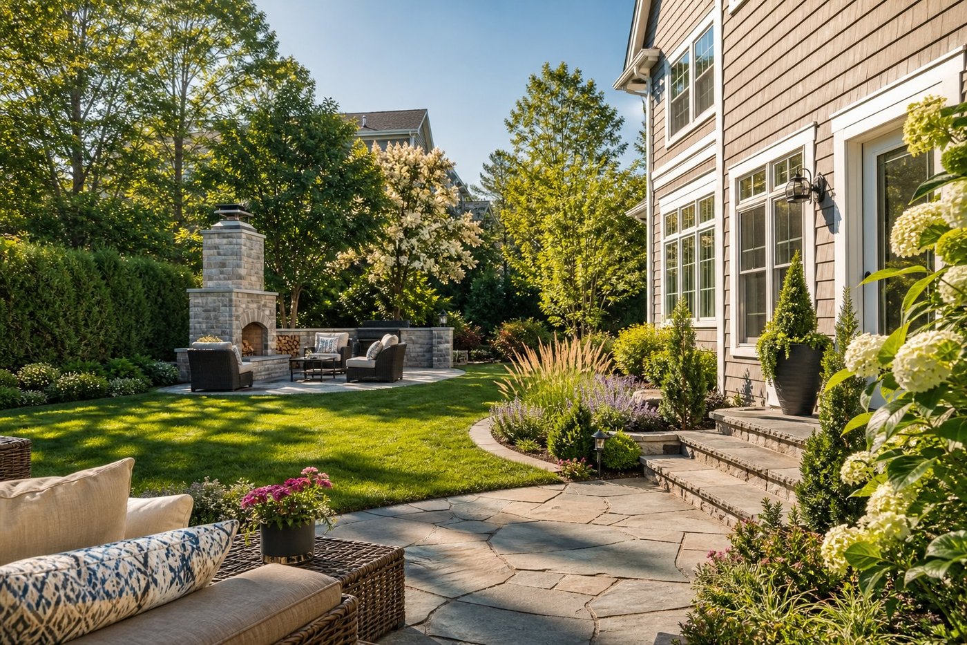 Landscaped garden with a stone patio and welcoming outdoor seating