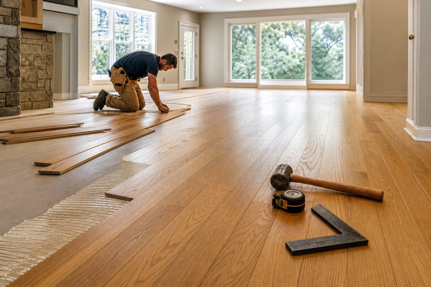 Warm oak flooring being fitted in a sunlit room