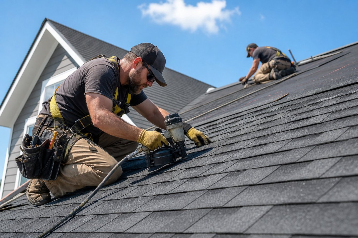 Roofing professional working on fresh architectural shingles