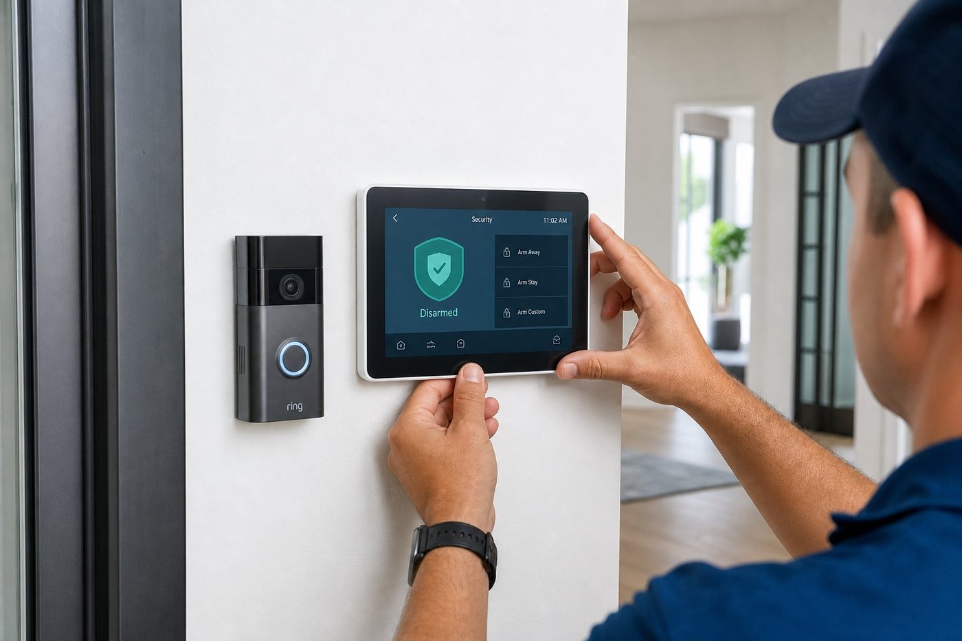 Smart home security controls and a doorbell camera in a bright entryway