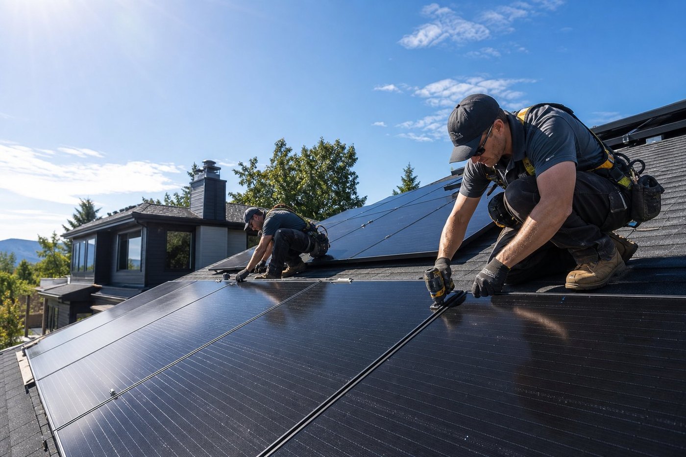 Solar panels being installed on a residential rooftop